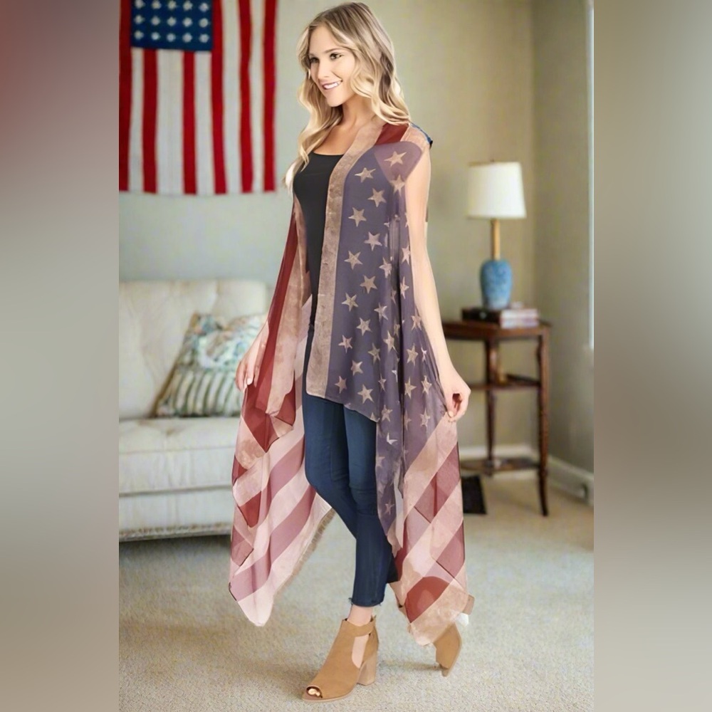 NEW Womens American Flag Kimono Cardigan 4th of July Vest Labor Day Duster - Picture 3 of 7